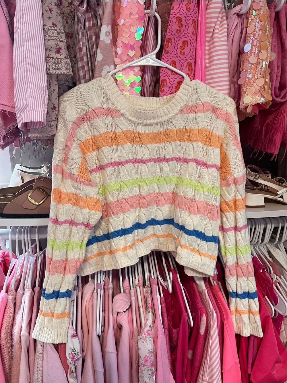 Jessica Simpson-Cream Cropped Cable-Knit Sweater with Pastel Rainbow Stripes